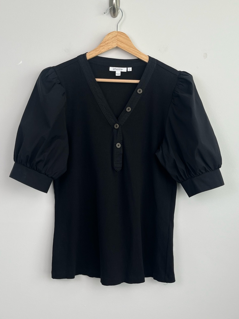 Chico’s black ribbed puff sleeve button neck detail blouse, medium.